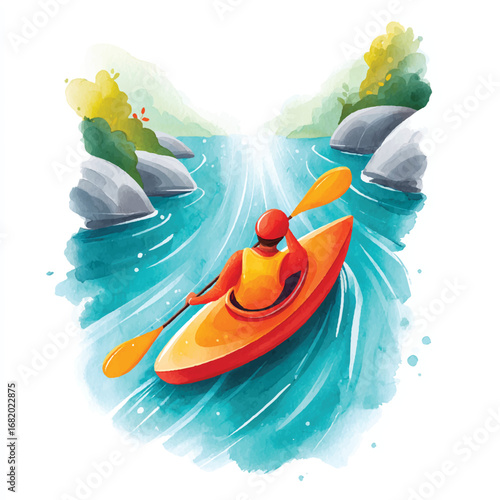 Kayaker Navigating a Rocky River in a Vivid Watercolor Style