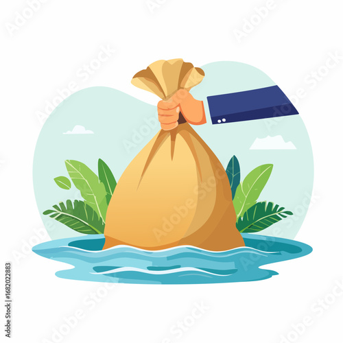 Hand Pulling Bag Of Money From Water Illustration