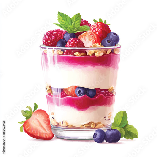 Layered Berry Parfait with Granola Yogurt and Mint Garnish in a Glass