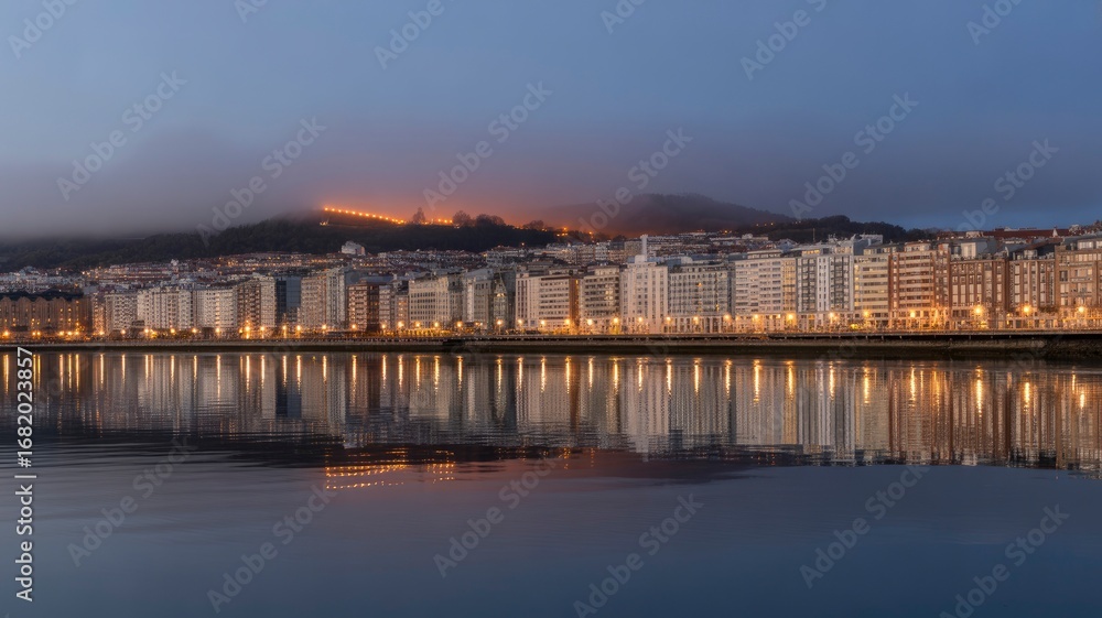 Fototapeta premium Serene Dawn Reflection Cityscape Over Calm Water