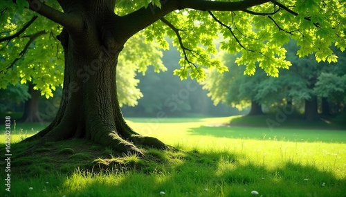 Serene beech tree garden scene, sunlight dappling through leaves onto lush green grass and mossy stones  Perfect for nature, tranquility, and spring themes ,  environment,  vibrant green
