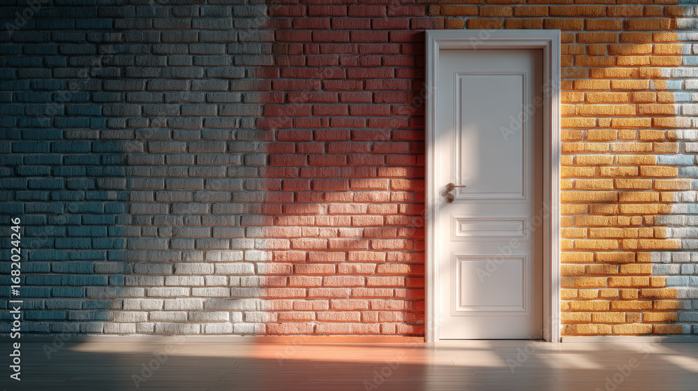Fototapeta premium White door stands room with colorful brick walls, creating vibrant and inviting atmosphere. interplay of light and shadow enhances visual appeal
