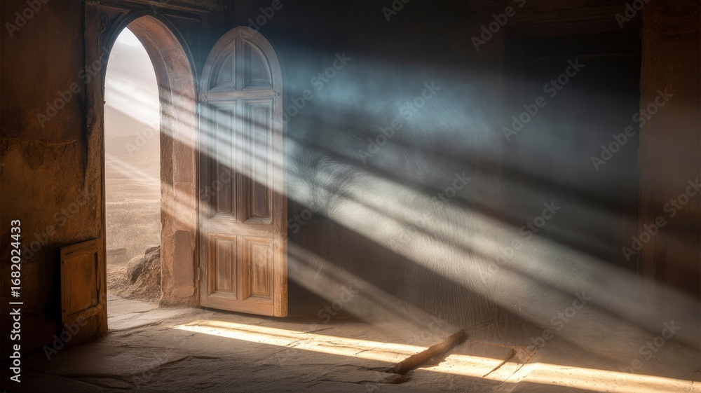 custom made wallpaper toronto digitalSunbeams Streaming Through Open Doorway in Ancient Building