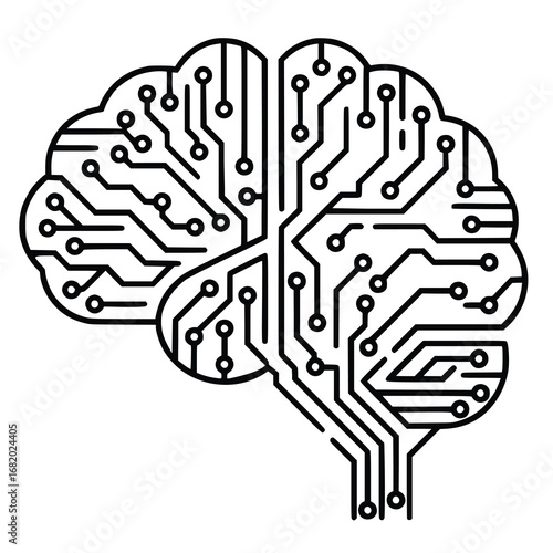 A minimalist black-and-white illustration of a brain with circuit patterns, symbolizing artificial intelligence, neural networks, and innovative technology concepts.