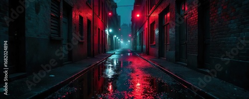 Rain slicked city street at night, a single red light reflecting on a pool of dark liquid, abandoned alleyway, urban decay, ominous shadow , police, desolate