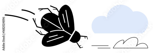 Black fly in mid-flight with simple motion lines and light blue cloud backdrop. Ideal for speed, flight, nature, simplicity, animation, minimalism, energy. Clean and simple flat metaphor