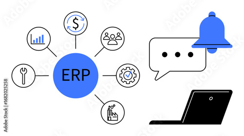 Central ERP hub with icons for analytics, finance, HR, tools, automation, notifications, and laptop. Ideal for business management, IT process optimization automation reporting workflow