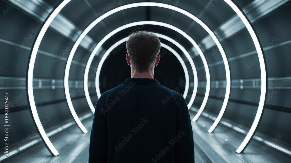 custom made wallpaper toronto digitalMan Walking Towards Illuminated Circular Tunnel - Future Technology and Progress Concept