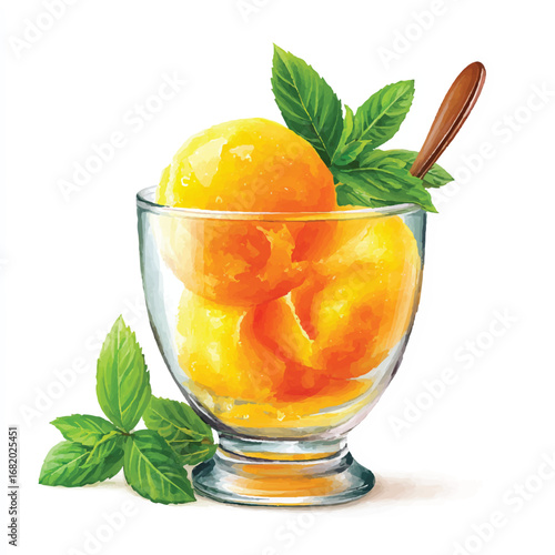 Refreshing Watercolor Depiction of Orange Sorbet with Mint and Spoon