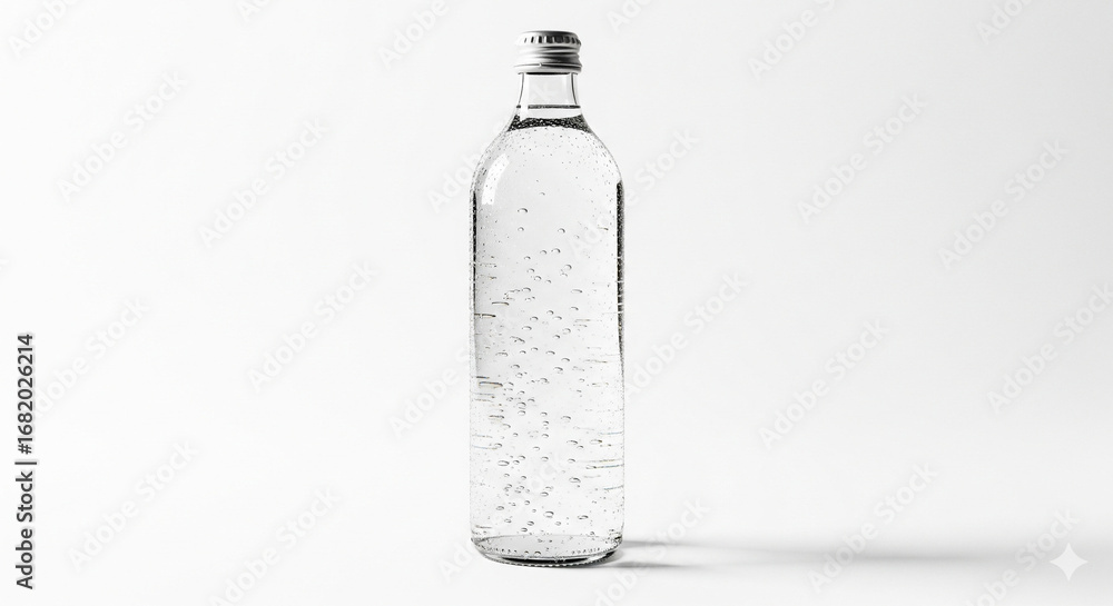 Fototapeta premium Clear glass bottle of sparkling water with bubbles, in bright studio