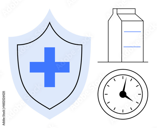 Blue medical cross on a shield beside a clock and a hospital structure conveying healthcare, protection, reliability. Ideal for wellness, scheduling, security, health facilities, time-saving