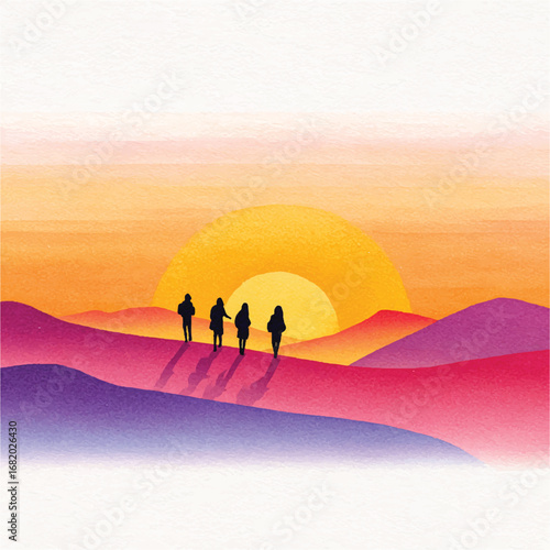 Silhouetted Figures Trekking Across Watercolor Hills Under a Vibrant Sunset