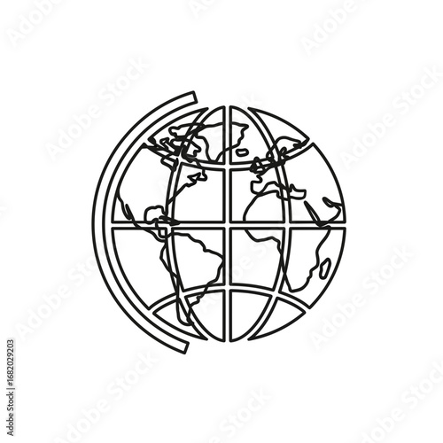Outline of a globe with continents and meridians.