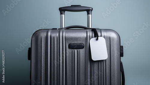 a gray suitcase with a blank luggage tag attached showcasing a modern design perfect for travel and adventure
