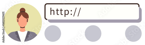 Female user avatar beside active search bar displaying http, accompanied by interface shapes. Ideal for user experience, profiles, web design, search functionality, identity, minimalism, simple flat