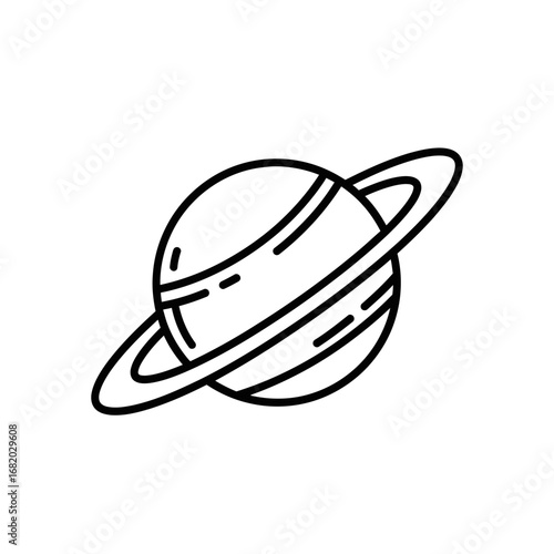Stylized line drawing of a ringed planet against a white background.