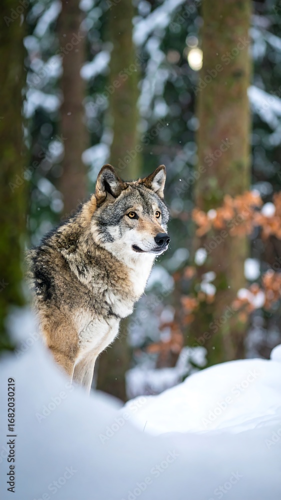 Obraz premium Gray wolf in snowy forest (1)