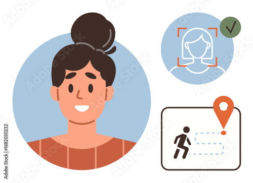 Smiling woman portrait, facial recognition approval with a checkmark, and navigation route with a location pin. Ideal for technology, security, identity, travel, personalization, AI convenience