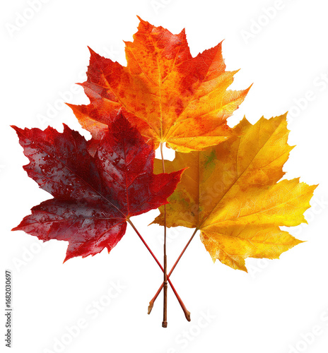 Autumnal maple leaves.  Three vibrant autumn leaves, orange, red, and yellow, clustered together on a black background.  Leaf stems visible