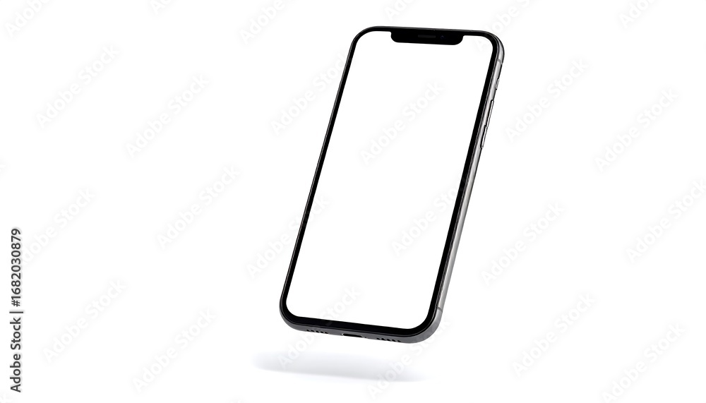 Naklejka premium Modern, black smartphone with blank screen, isolated on white background, showcasing a sleek design.