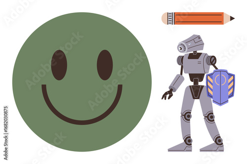 Green happy face for positivity, humanoid robot with shield for protection and future tech, pencil for creativity. Ideal for innovation, technology, optimism, education, safety, balance simplicity