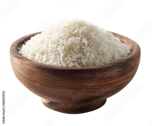 A wooden bowl filled with uncooked white rice