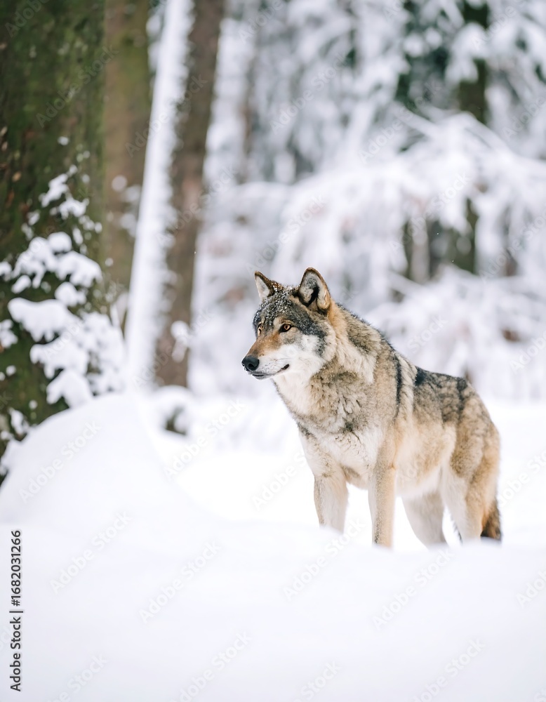 Naklejka premium Gray wolf in snowy forest