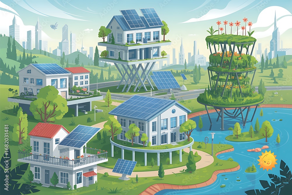 Fototapeta premium Sustainable eco-friendly cityscape with solar powered homes and vertical farms creating a green future