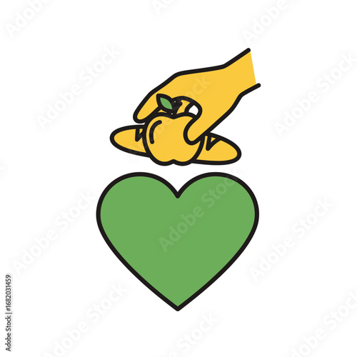 Hand places food on a plate above a green heart graphic.