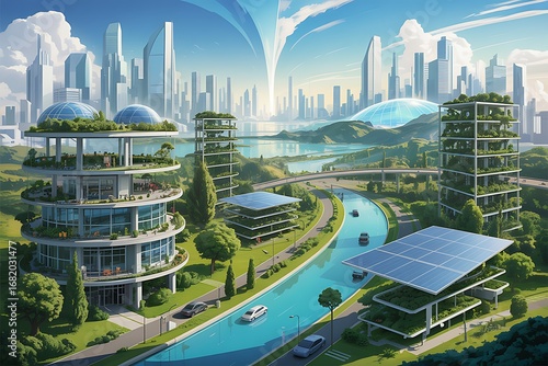 Experience a stunning vision of a sustainable future city with eco-friendly architecture and clean energy.