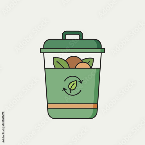 Green compost bin with food scraps and recycle symbol on a light background.
