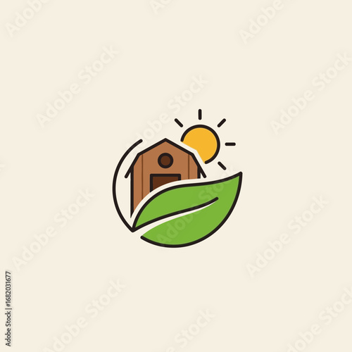 A barn with a leaf and sun illustration on a cream background.
