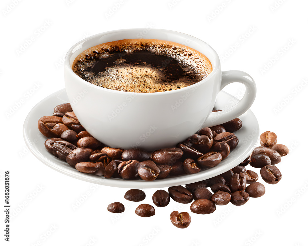 Fototapeta premium Rich espresso in white cup with roasted coffee beans, perfect for morning energy and cafe branding