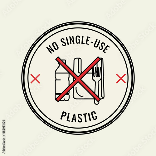 Circular symbol with crossed out plastic bottle and cutlery promoting no single-use plastic.