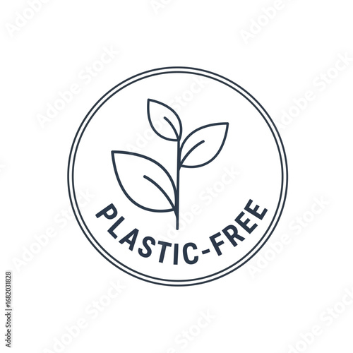 Circular icon with leaves and the words plastic-free in black and white.