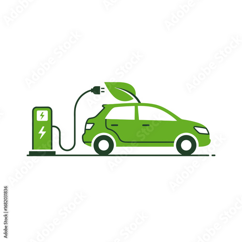 Green electric car charging at a station with a leaf on top.