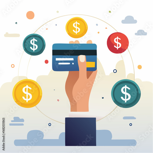 Hand Holding Credit Card With Floating Money Symbols