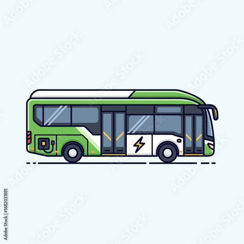 Green and white bus side view illustration on a light blue background.
