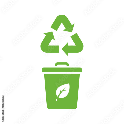 Green recycling symbol above a trash can with a leaf graphic.