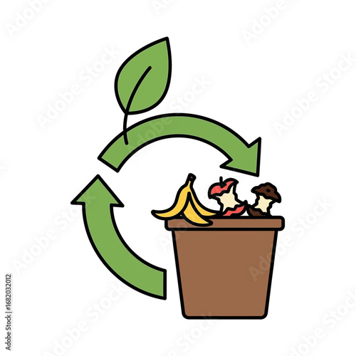 Compost bin with food waste and recycling symbol with leaf illustration.
