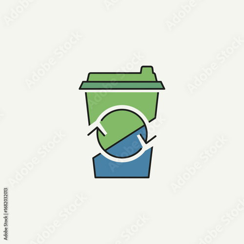 A stylized illustration of a disposable cup with a recycling symbol.