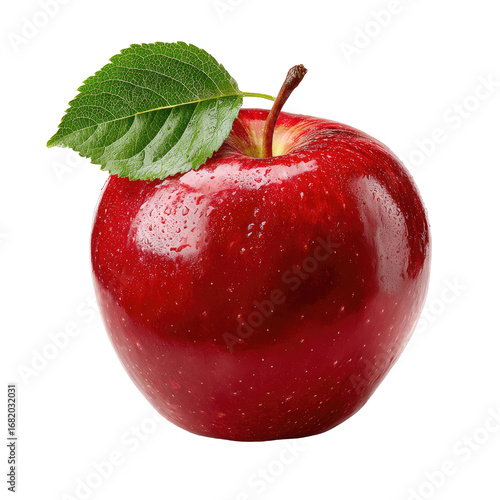 Single red apple with green leaf