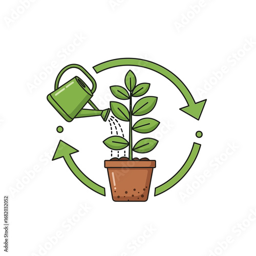 Plant in pot being watered with circular arrows around it.