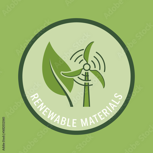 Renewable materials icon with leaf and wind turbine in a green circle.