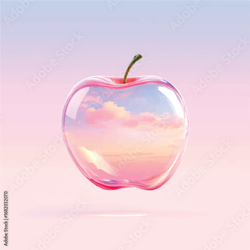 Translucent Apple with Sky Reflection Pink Hues and Delicate Stem Detail