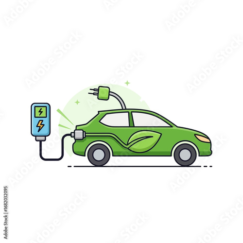 Green electric car is charging at a charging station with a leaf symbol.