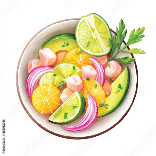 Vibrant ceviche bowl with avocado citrus red onion and cilantro garnish