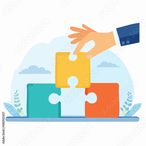 Business Hand Placing Colorful Puzzle Piece