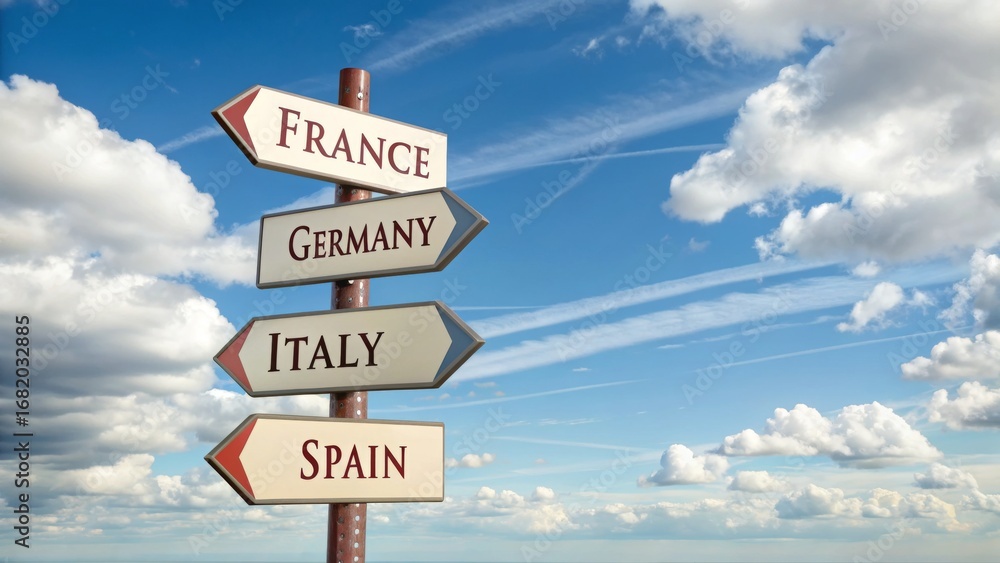Fototapeta premium Directional Signpost Indicating France, Germany, Italy, and Spain