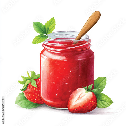 Vibrant Watercolor Jar of Strawberry Jam with Fresh Berries